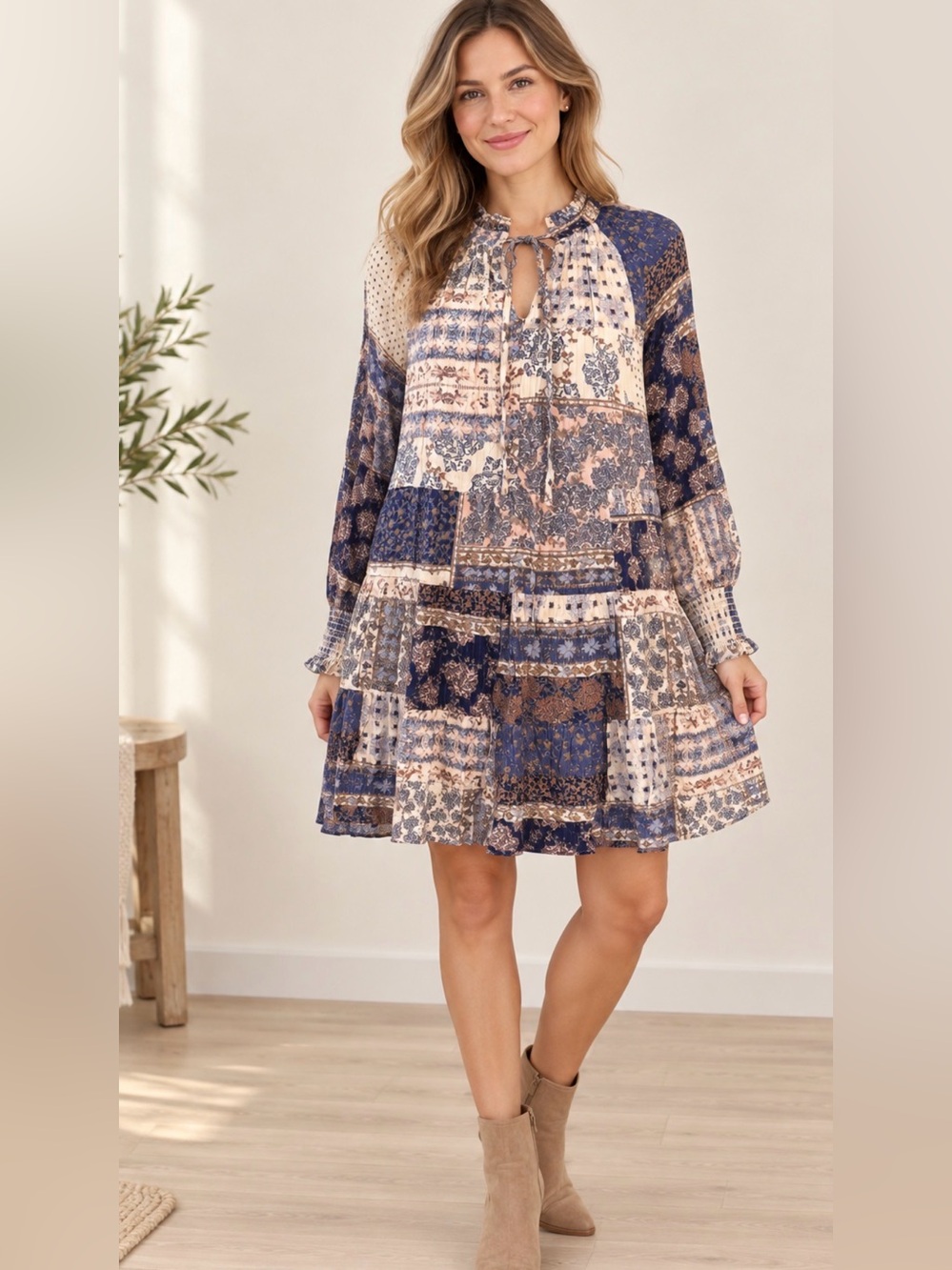 FATE patchwork print long sleeve dress blue Sz M Boho flouncy